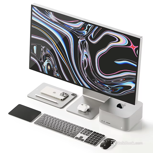 Modern Computer Monitor Setup With Vibrant Abstract Screen Display Keyboard Mouse Mouse Pad And Dock 3d model 