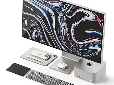 Modern Computer Monitor Setup With Vibrant Abstract Screen Display Keyboard Mouse Mouse Pad And Dock 3d model