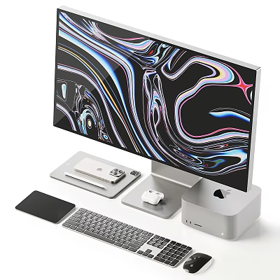 Modern Computer Monitor Setup With Vibrant Abstract Screen Display Keyboard Mouse Mouse Pad And Dock 3d model