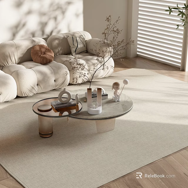 Modern Glass Coffee Table With Decorative Accents In Bright Living Room Setting 3d model 