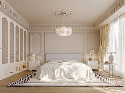 Elegant Classic Bedroom Interior With Paneled Walls Ceiling Medallion Chandelier And Black White Striped Rug 3d model