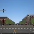 Bustling Commercial Street at Crossroads with Red Brick Buildings Trees and Traffic Lights
