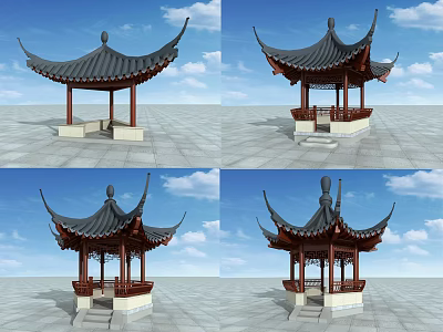 Traditional Chinese Pavilion With Curved Eaves Wooden Structure And Stone Base 3d model
