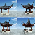 Traditional Chinese Pavilion With Curved Eaves Wooden Structure And Stone Base