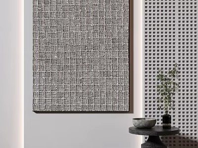Modern Geometric Artwork On Wall With Perforated Panel And Small Table With Bowl And Plant 3d model