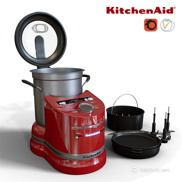 Red Food Processor With Open Top Black Containers Lids And Tools 3d model 