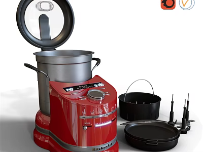Red Food Processor With Open Top Black Containers Lids And Tools 3d model