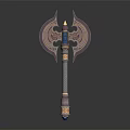 Ornate Decorative Axe With Intricate Engravings And Gemstone Accent On Metal Handle