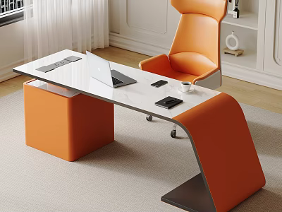 Modern Office Desk with White Top Laptop Keyboard Phone Cup and Orange Chair 3d model