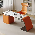 Modern Office Desk with White Top Laptop Keyboard Phone Cup and Orange Chair