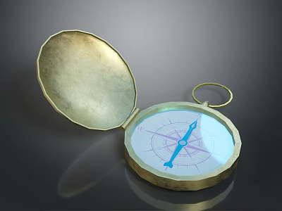 Open Brass Compass With Blue Needle And White Dial Ring Handle 3d model