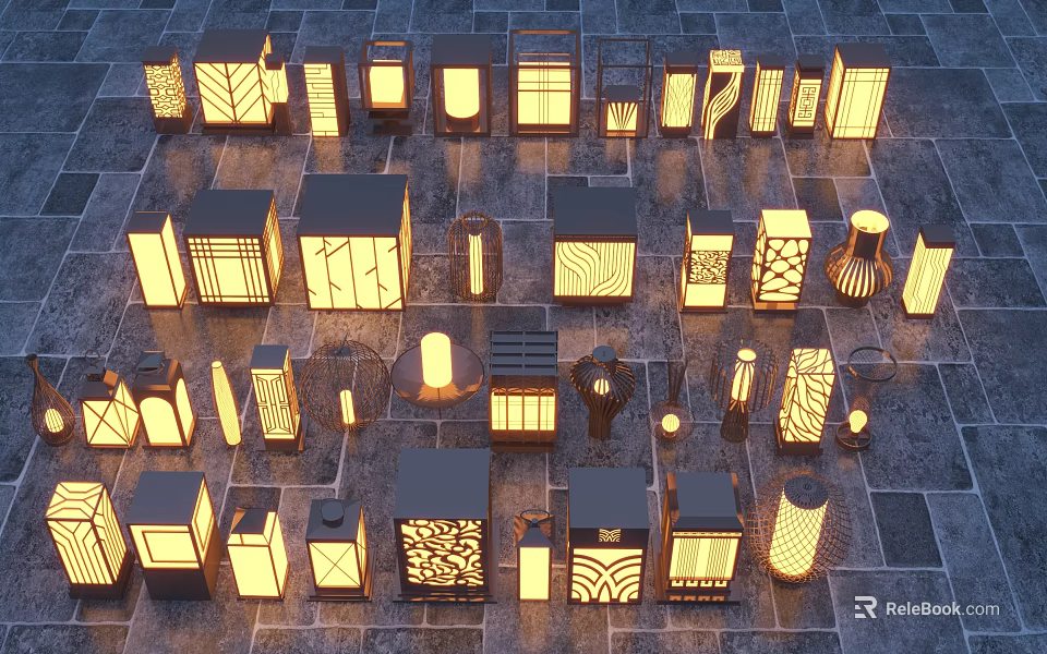 Various Designed Outdoor Lights Lit And Arranged On Stone Tile Floor 3d model 