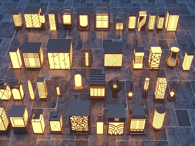 Various Designed Outdoor Lights Lit And Arranged On Stone Tile Floor 3d model