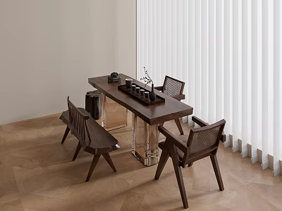 Modern Wooden Tea Table And Chairs With Tea Set In Room With Wooden Floor And Window Blinds 3d model