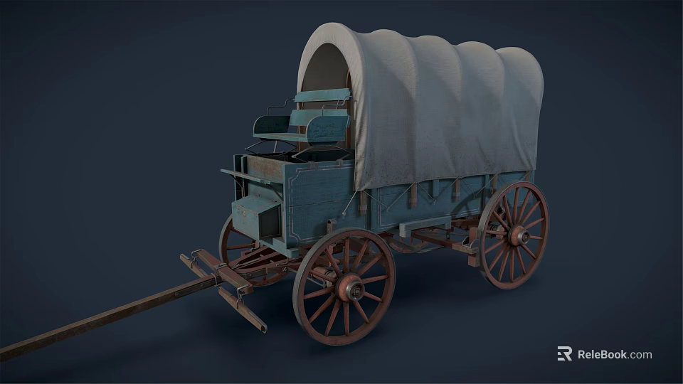 Vintage Horse Drawn Wagon With Canvas Cover And Wooden Wheels On Blue Retro Body 3d model 