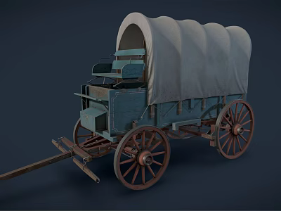 Vintage Horse Drawn Wagon With Canvas Cover And Wooden Wheels On Blue Retro Body 3d model