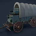 Vintage Horse Drawn Wagon With Canvas Cover And Wooden Wheels On Blue Retro Body