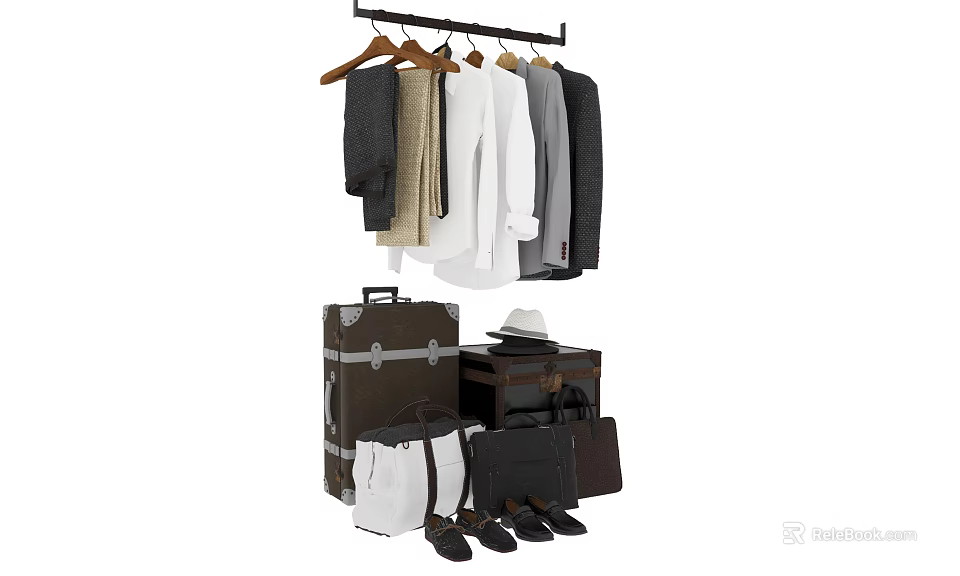 Clothes Hanging On Rack With Suitcases Hat Bags And Shoes 3d model 