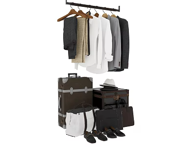 Clothes Hanging On Rack With Suitcases Hat Bags And Shoes 3d model