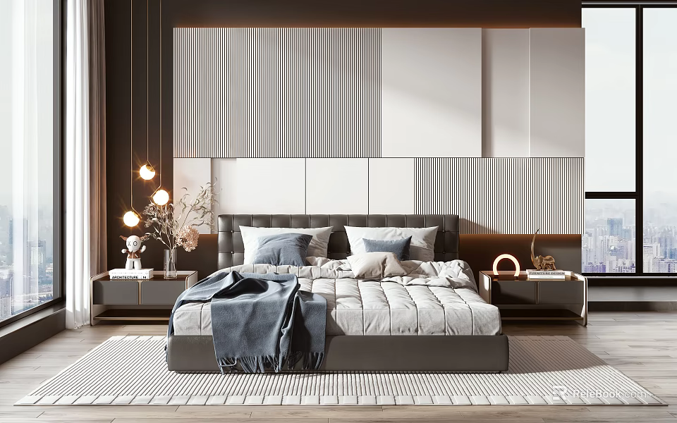 Modern Double Bed in Background with Gray Headboard Striped Wall Nightstand Lamp Rug and Decor 3d model 