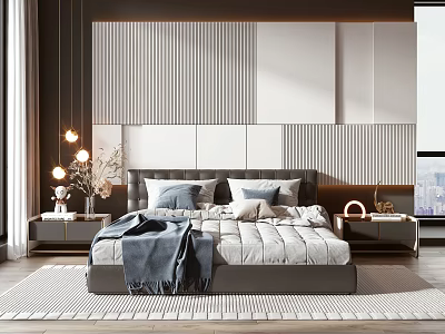 Modern Double Bed in Background with Gray Headboard Striped Wall Nightstand Lamp Rug and Decor 3d model