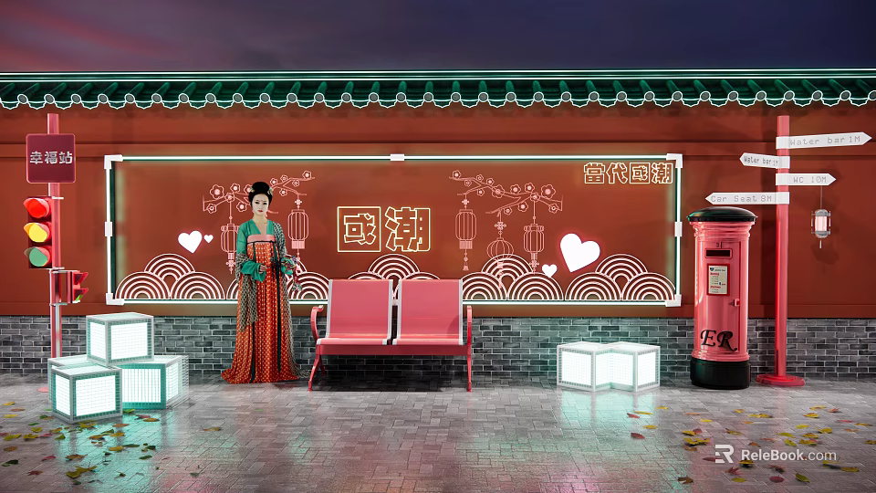 Chinese Trend Photo Spot With Red Backdrop Wall Traditional Dressed Woman And Red Bench 3d model 