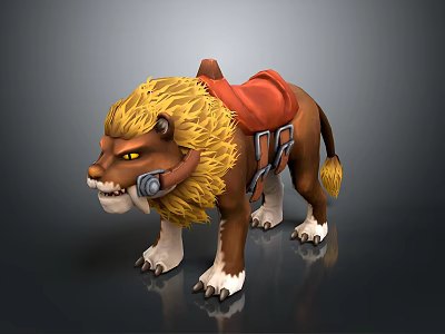 Fierce 3D Lion With Yellow Mane Red Saddle Metal Buckles And White Paws 3d model
