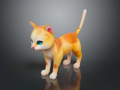 Cartoon Orange Yellow Kitten With Blue Eyes And White Paws On Black Surface With Reflection 3d model