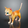 Cartoon Orange Yellow Kitten With Blue Eyes And White Paws On Black Surface With Reflection
