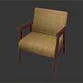 Stylish Armchair With Yellow Patterned Cushion Backrest And Wooden Armrests Legs