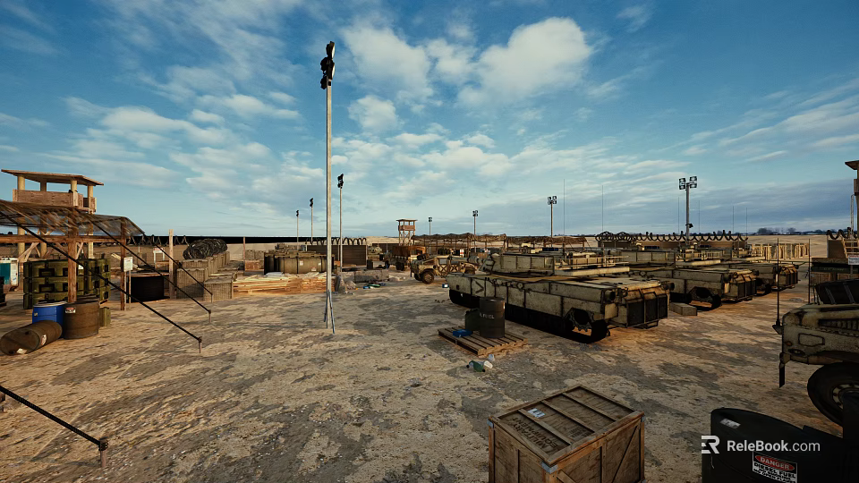 Open Industrial Area With Light Poles Wooden Crates Metal Structures And Cloudy Sky 3d model 