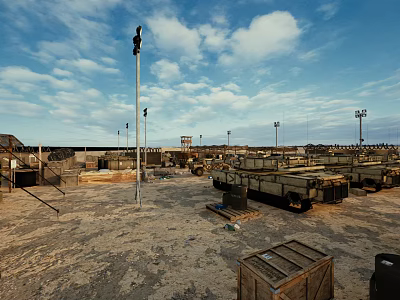 Open Industrial Area With Light Poles Wooden Crates Metal Structures And Cloudy Sky 3d model
