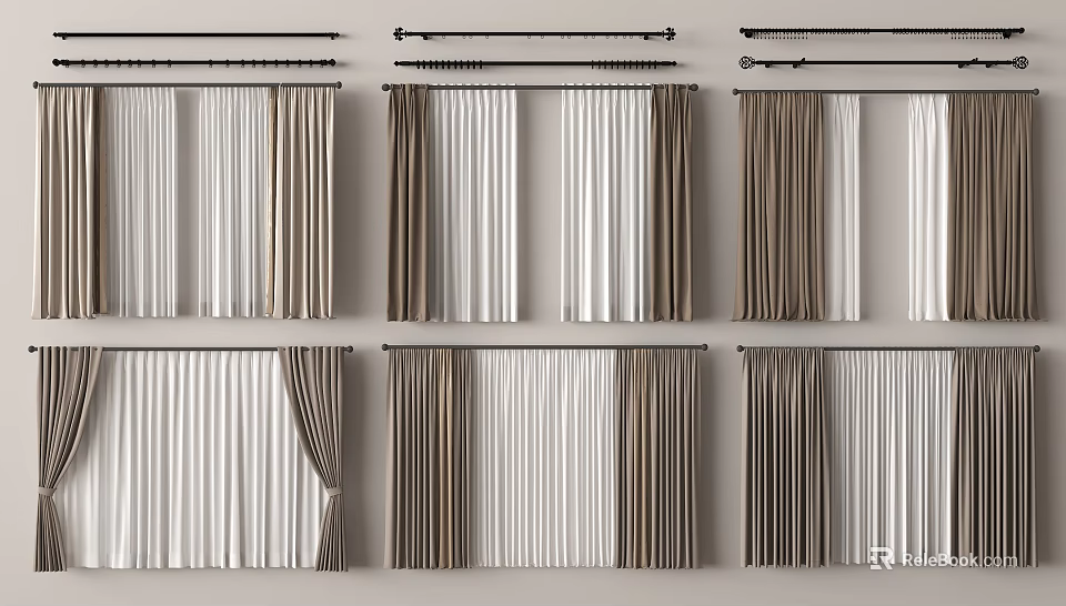 Stylish Window Curtains In Different Colors And Striped Solid Patterns For Modern Home Decor 3d model