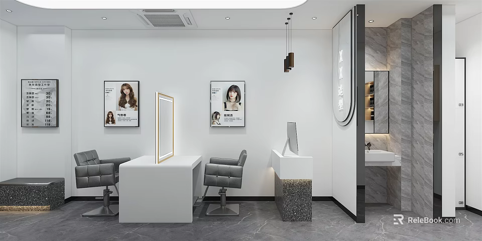 Beauty Hair Salon Interior with White Walls Gray Styling Chairs Mirrors and Pendant Lights 3d model 