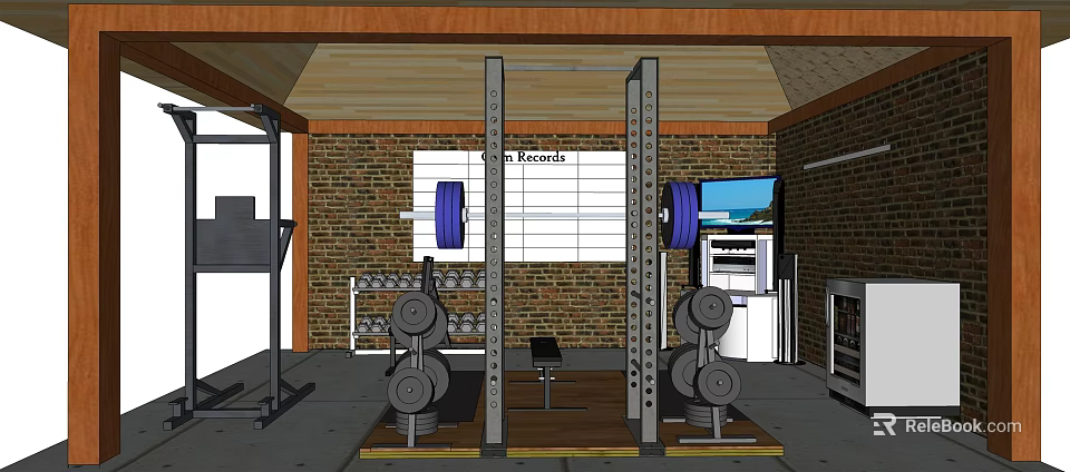Home Gym with Brick Wall Power Rack Dumbbells and PR Records Board 3d model 