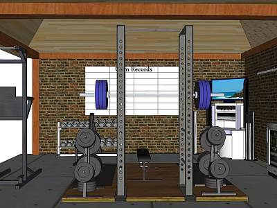 Home Gym with Brick Wall Power Rack Dumbbells and PR Records Board 3d model