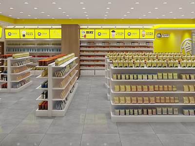 Supermarket Department Store with Stocked Shelves Yellow Signage and Organized Product Sections 3d model