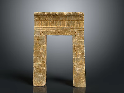 Traditional Stone Entrance Gate With Carved Top And Stacked Block Structure 3d model