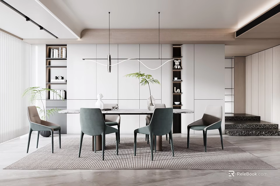 Modern Restaurant Interior Design With Dining Table Chairs Hanging Lights And Bookshelves 3d model 