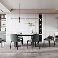Modern Restaurant Interior Design With Dining Table Chairs Hanging Lights And Bookshelves
