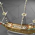 Historical Sailing Warship Model With Tall Masts Rigging Orange Lifebuoys And Brown White Hull