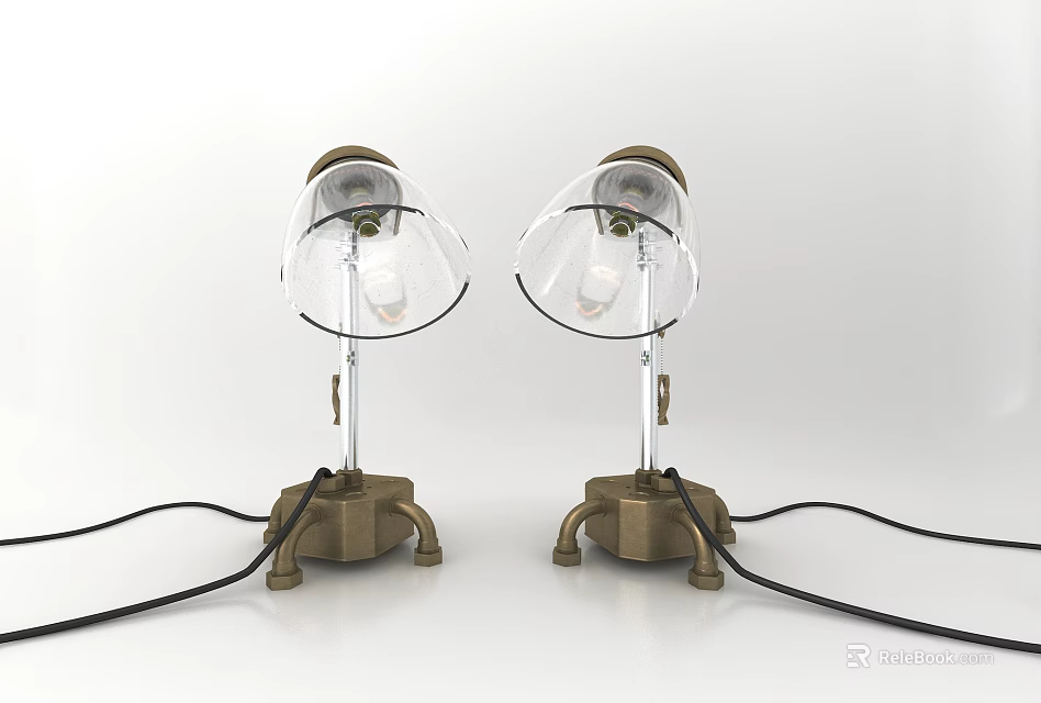 Two Vintage Style Table Lamps With Metal Base Transparent Shade And Curved Stand 3d model 