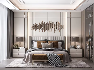 Modern Bedroom Interior With Upholstered Bed Side Tables Wall Art And Area Rug 3d model