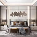 Modern Bedroom Interior With Upholstered Bed Side Tables Wall Art And Area Rug