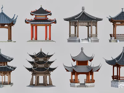 Traditional Chinese Pavilion Architectural Designs With Various Roof Styles And Structures 3d model