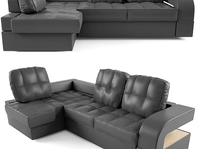 Black Leather L Shaped Sectional Sofa With Plush Cushions And Storage Compartment 3d model