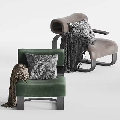 Green and Brown Leisure Chairs Featuring Knitted Pillows Cozy Blankets and Modern Metal Legs 3d model