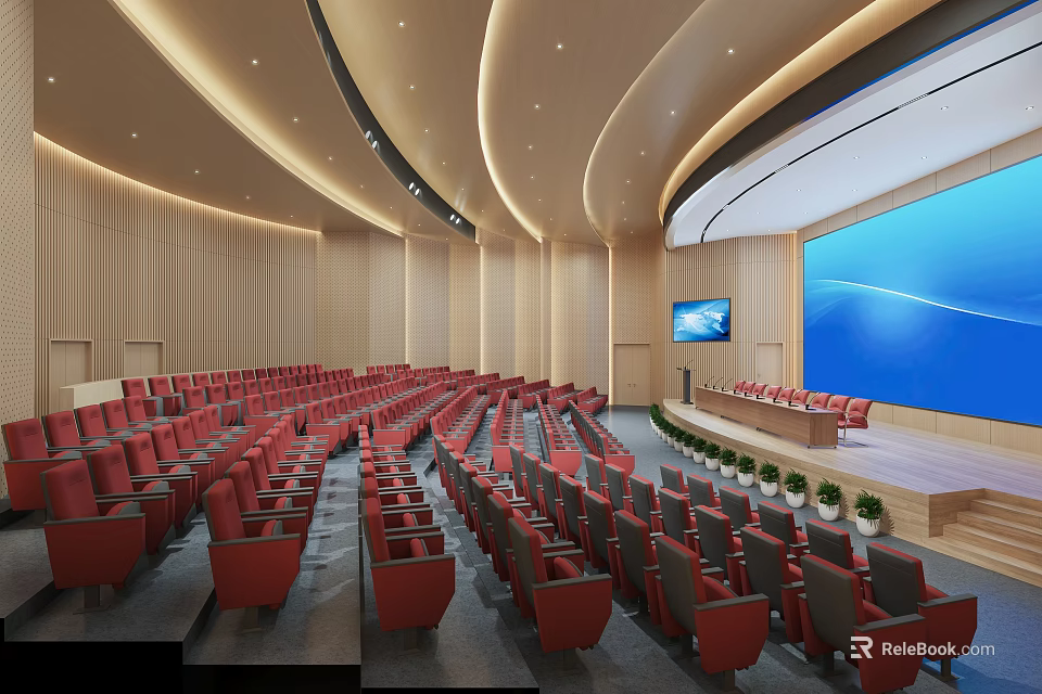 Modern Conference Room With Red Seats Curved Ceiling Large Screen Podium And Green Plants 3d model 