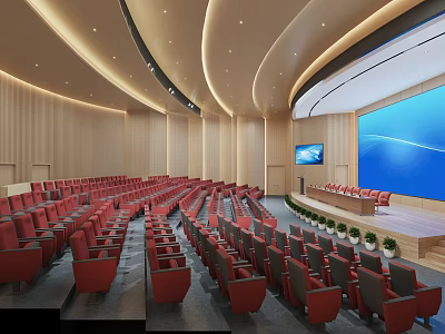Modern Conference Room With Red Seats Curved Ceiling Large Screen Podium And Green Plants 3d model
