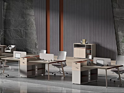 Open Plan Modern Office Interior With Desks Computers Chairs Stone Wall Striped Background And Bookshelf 3d model